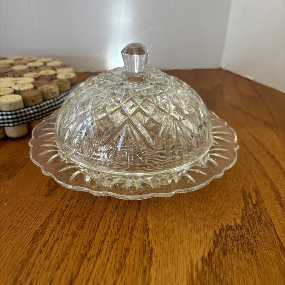 Vintage Anchor Hocking Prescut Clear Pineapple Round Covered Butter Dish Dome